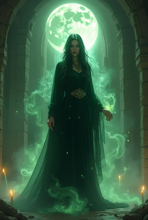 

"Surrounded by a halo of flickering candlelight, a powerful witch stands tall, her long, raven-black hair cascading down her dark, velvet cloak, adorned with intricate, mystical symbols that shimmer like stars, as her piercing emerald eyes gleam with anc...