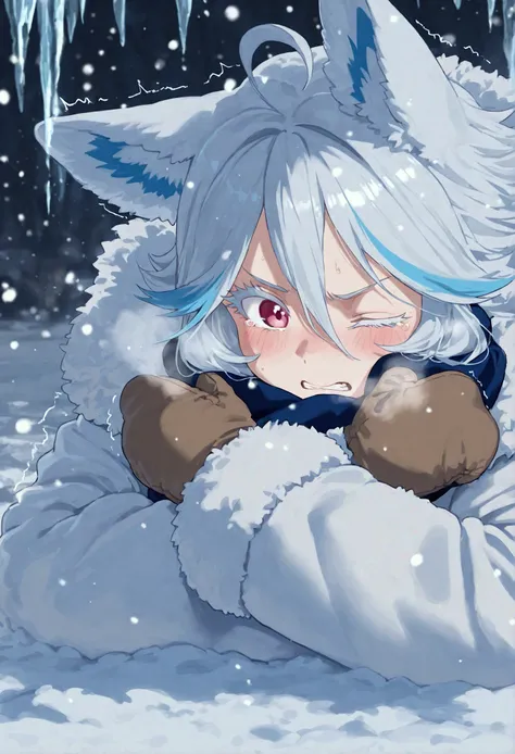 In the snow,  girl shivering in the cold ,  the fluffiest fur coat ,  hanging a scarf on her face , Frozen hair ,  clench your teeth in Japanese,  the fluffiest fur coat ,  add surprising lines ,  in the frozen snow forest ,  surprised breathing ,  big bul...