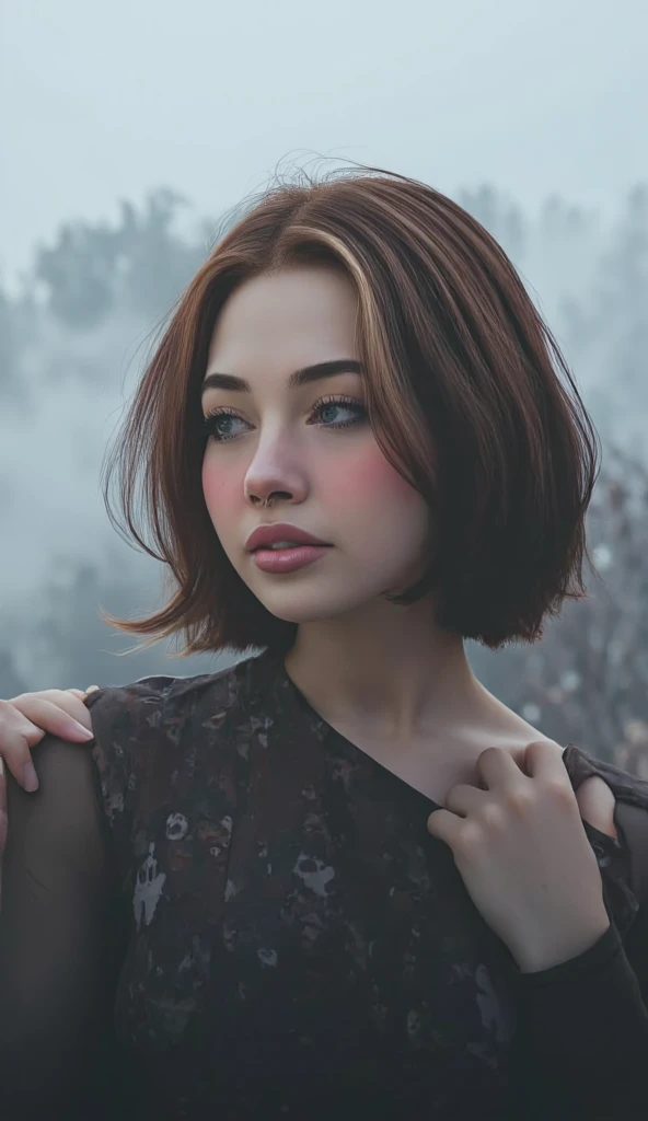 short hair woman, european woman, brown hair, fog landscape, ultra realistic, professional, realistic, detailed, ultra detailed, ultra realistic woman, light and shadow details