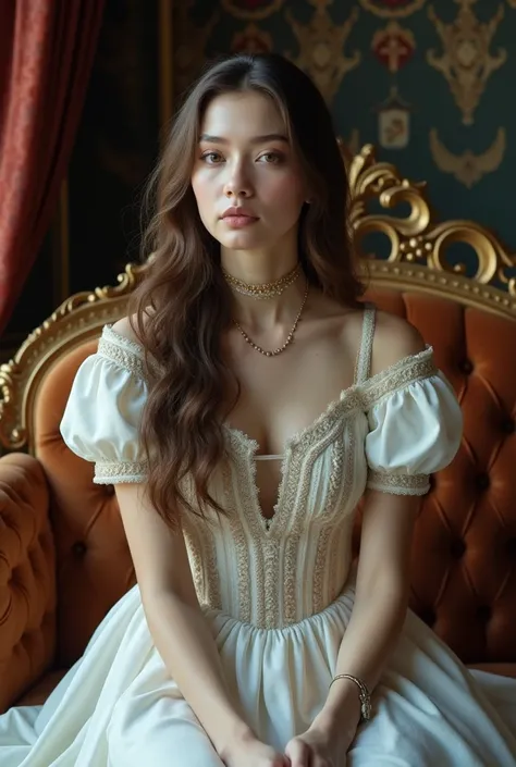  young woman sitting on sofa,  beautiful long white dress, tudor style dress, looking at viewer, tired expression, russian white clothes, choker, renaissance, ultra high resolution, cinematographic