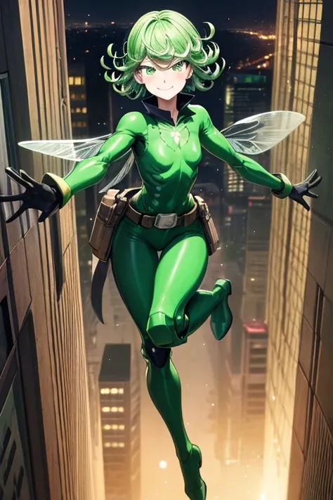 Masterpiece, best quality, ultra detailed, illustration, lighting epic, cinematic composition, 1 girl, Tatsumaki, short hair, green hair, very small breasts, green eyes, bright eyes, smiling, blushing, closed mouth, piercing gaze, full body, black collar, ...