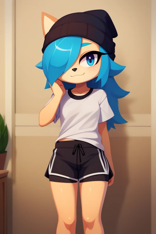 Furry hair over one eye, beanie, shirt, shorts, best quality, great work 