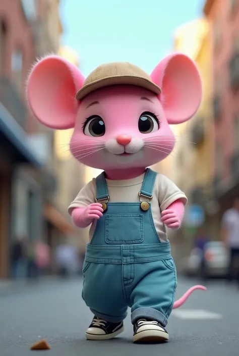  A cute pink mouse with a hat on its head dressed in blue pants and white t-shirt wearing black sneakers,strolling around the city on top of a cute blue cat with black shoes and realistic hat on its head  