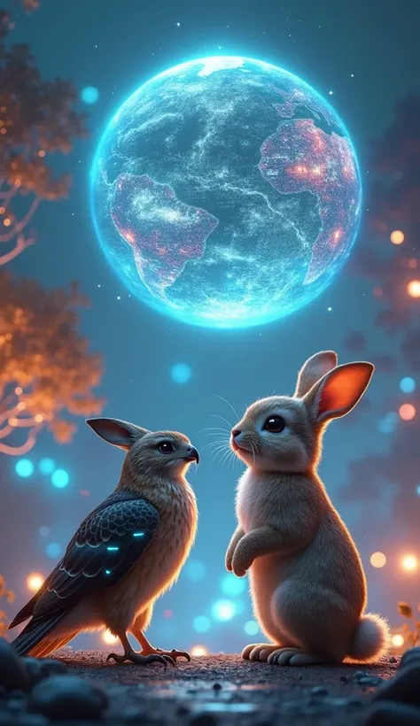 "A whimsical, futuristic scene featuring a rabbit and a hawk standing side by side, both with expressions of happiness and curiosity as they gaze at a holographic world floating in front of them. The holographic planet glows with vibrant colors, displaying...