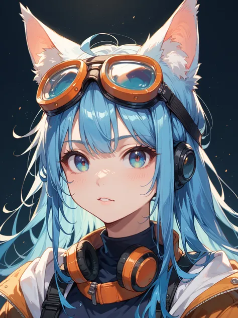  1 girl in the best　Blue Hair　 long　I have animal ears growing on my head 　 with goggles on the head 　 is posing with oh　 looking at camera