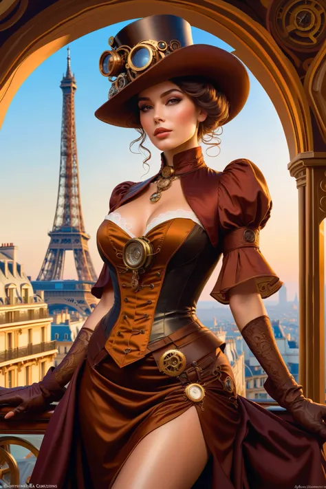 Photo (( )), wearing elegant dress steampunk items,  modern Paris  ,  intricate , elegant,  Highly detailed ,  digital painting ,  artstation, concept art, smooth,  sharp focus , illu0 .8ation , art by artgerm,  by Greg Rutkowski and Alphons Mucha