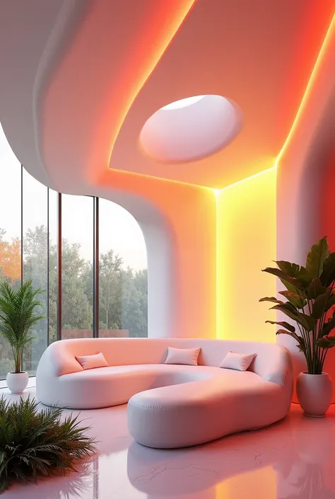 livingroom curved design glassy white couch red and yellow lights dream livingroom modern with plants 