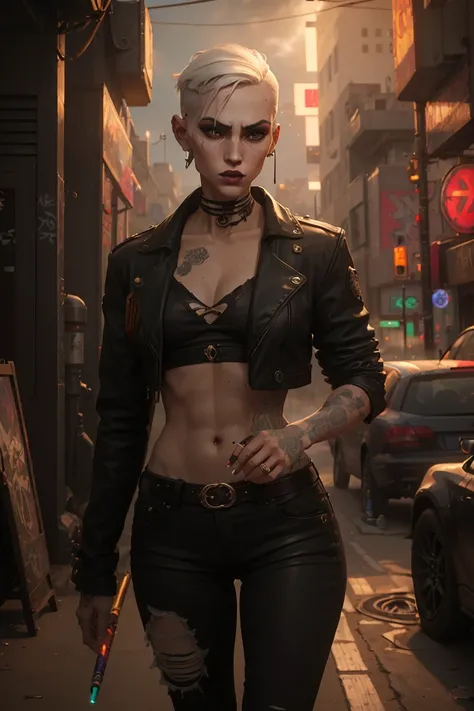 (Masterpiece:1.2, Best quality, cyberpunk), (real photo, Intricate details), (1lady, solo, Slender body, smoking, small breast,)，old face  Experiment with appearance：Shave your head or white barbershop style short thick hair color，White hair, night, Barber...