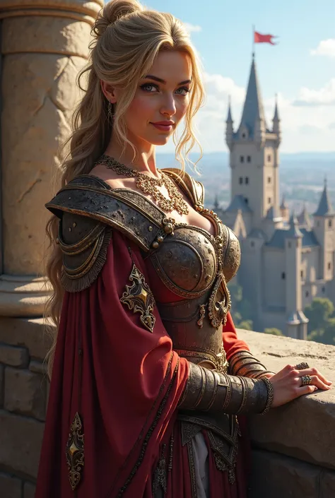 Highly detailed real life, Close up portrait of lady Janina Proudmoore from World of Warcraft. She’s standing behind the wall of her castle overlooking her kingdom, she turns to look at the camera, smiling she is dressed in her magnificent robe, with her s...