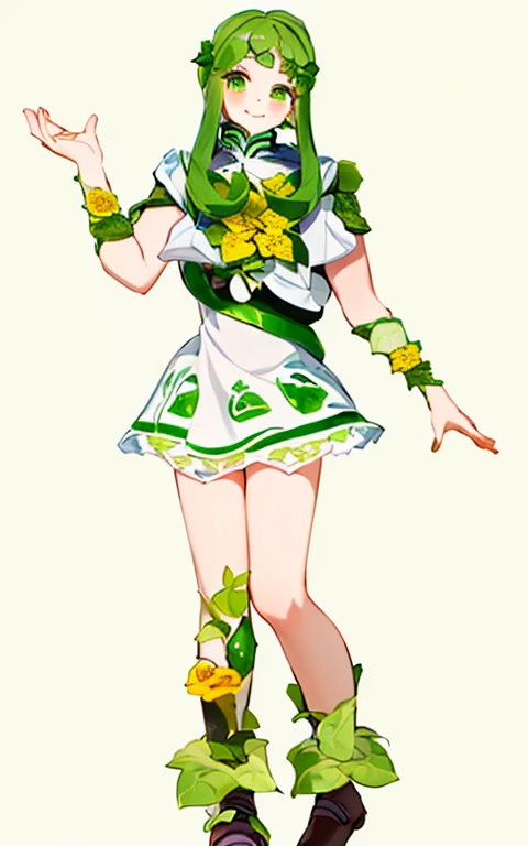 bare skin， The girl personification of a cucumber ，Has green curved cucumber hair and green eyes， with yellow flowers on the head ， The clothes on the body are the leaves of the cucumber 、Flowers、vine、Cucumber section 組合成，裙子是Cucumber section 的形狀， decorated...