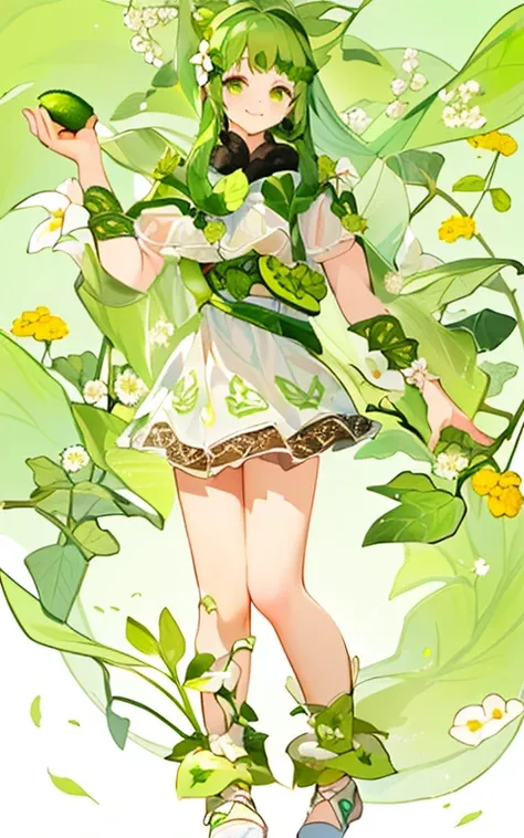 bare skin， The girl personification of a cucumber ，Has green curved cucumber hair and green eyes， with yellow flowers on the head ， The clothes on the body are the leaves of the cucumber 、Flowers、vine、Cucumber section 組合成，裙子是Cucumber section 的形狀， decorated...