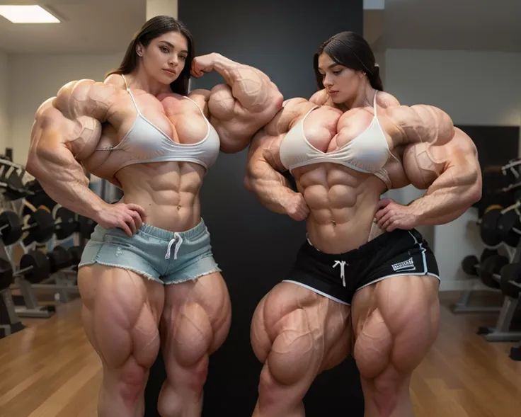 Two girls bodybuilders competing hyper muscles, midel pose, hypermuscles dressed with bikini, (((big muscles))), full body scene on tips, super detailed picture, (dressed with top:1.9 and shorts:1.8)
 high Resolution, Masterpiece, Accurate, Award Winning, ...