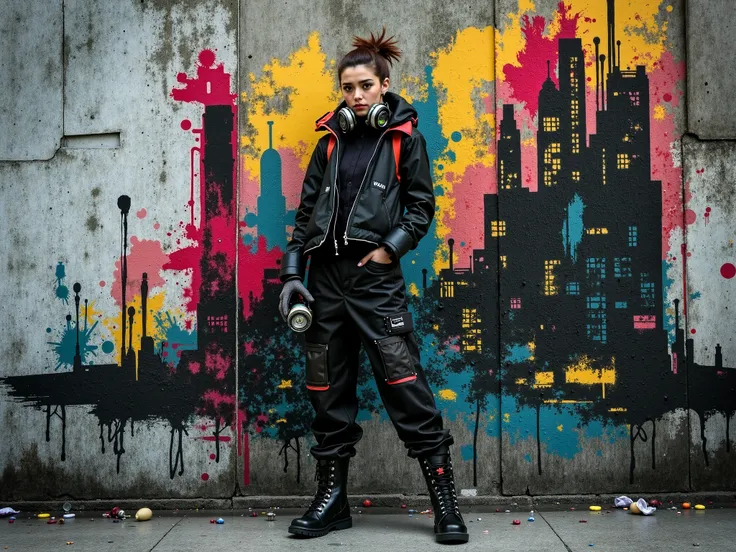 A young woman, dressed in a stylish, modern cyberpunk outfit and wearing a respirator, stands with her back against a concrete wall covered in wall art in the style of Banksy's ink punk artwork. The image on the wall is clearly visible, and the woman is we...