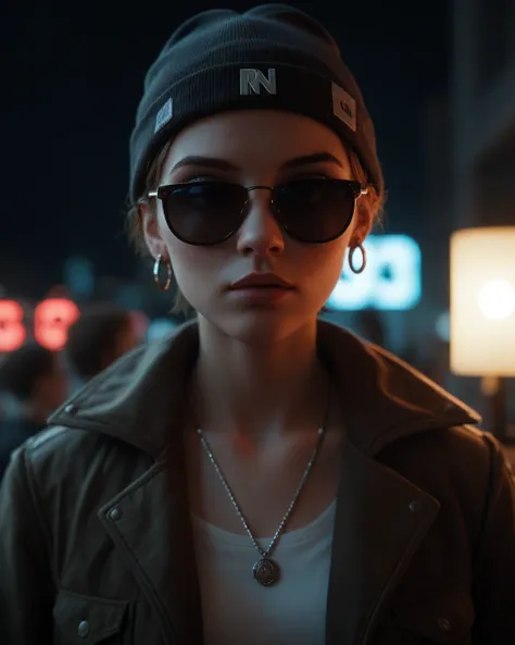 score_9, score_8_up , score_7_up , close-up  of face,   alternate girl  ,   watching sunglasses ,  jacket ,  necklace ,   reflection of neon light on skin ,  ear ring  ,  Makeup  ,   skin imperfections  ,  short hair, beanie ,   neon light background  ,  L...