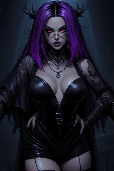 A witch with large breasts and large thighs and hips wearing a revealing leather outfit, she has purple hair, half moon glasses and red eyes and has tattoos around her neck and arms