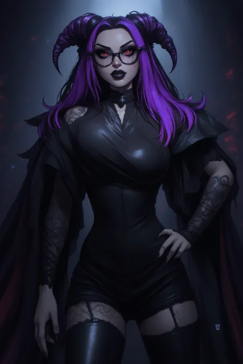 A witch with large breasts and large thighs and hips wearing a revealing leather outfit, she has purple hair, half moon glasses and red eyes and has tattoos around her neck and arms