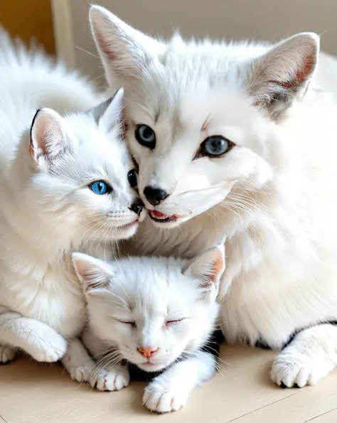 A white fox and a white ragdoll kitten are playing happily