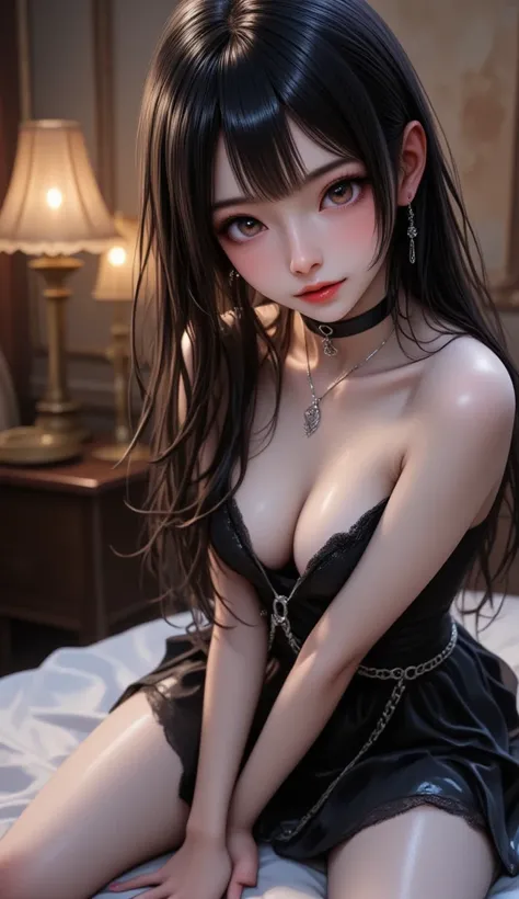 view from below, realistic, photorealistic:1.37, highres, ultra-quality, 32k, cute little young girl, kawaii, loli-face, beautifully detailed (earring, eyes, longeyelash, puffy lips, thigh), thin delicate hair, through bangs, hime-cut, tareme, bewitching s...