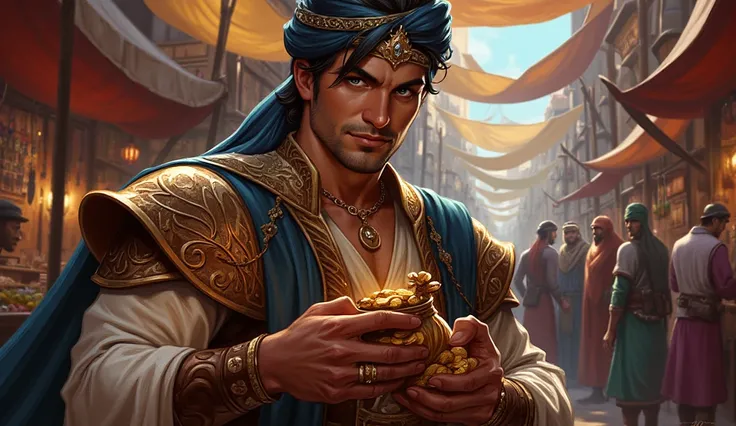 a close up of a wealthy nobleman, Lord Callen, holds a large money pouch. He is in a middle eastern market