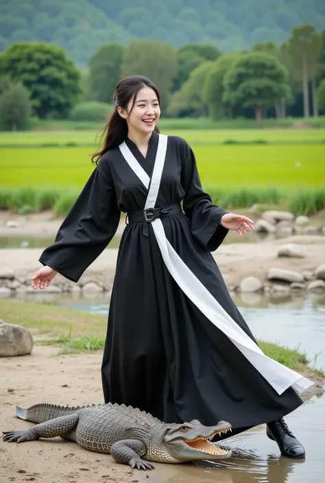 a beautiful Korean adult girl wearing black and white muslim dress kicking a crocodile while laughing sarcastically.8K image quality.with dry river and rice field in the background and green trees and rocks.realistic art.