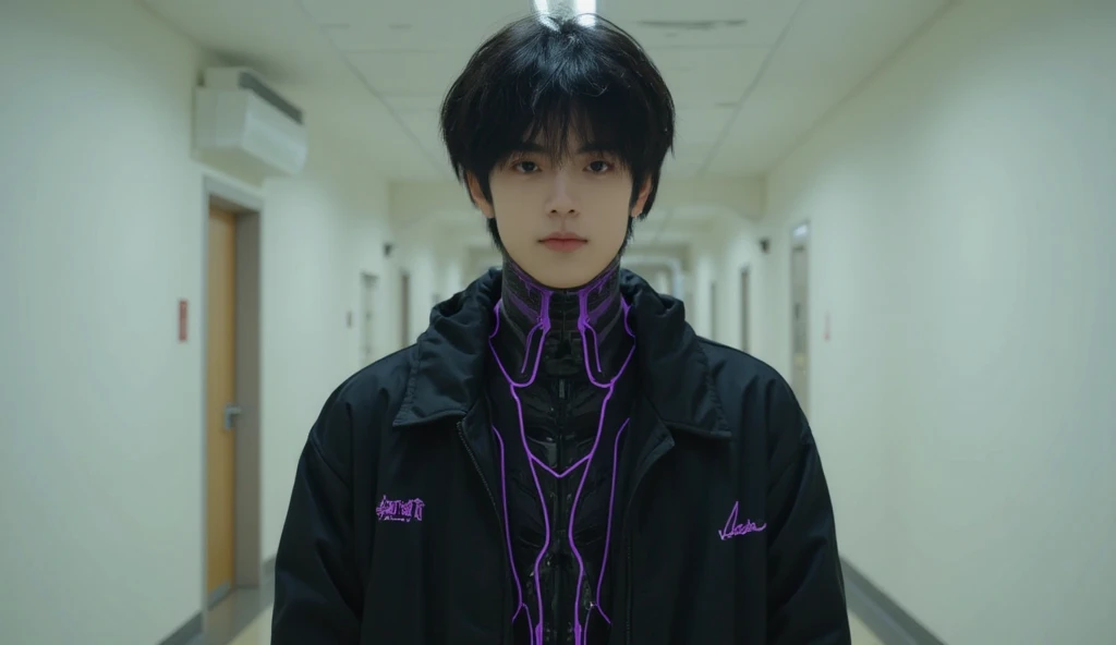 a handsome Korean man like a kpop idol, standing straight, with a pose facing forward, but his body is clad in black cyborg mecha with purple lines, pov camera from in front of him, with the background in a corridor at a high school in South Korea, and his...