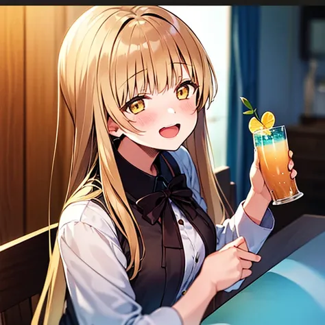 1girl,shiina mahiru,yellow eyes,blonde hair, embarrassed,smile ,open mouth,solo, incoming drink