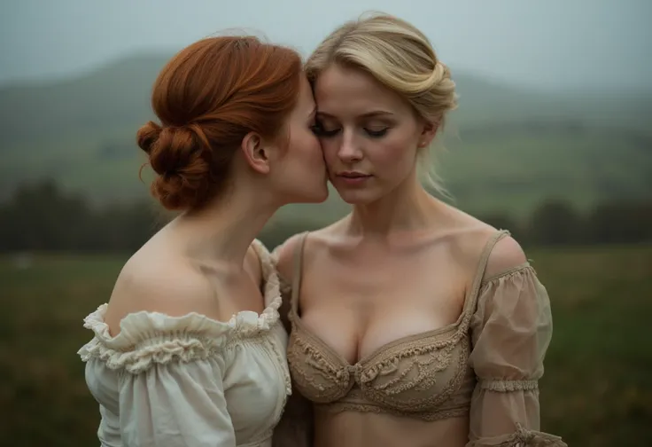 Women from the 1800s kissing each other seen from above,  a girl whispering to a girl,  ear seen from behind , From the south ,  red and blonde hair  , traits du visage nets, ((( gigantic breasts:1.3))), Impressive neckline,  crop top , bokeh, ethereal, da...