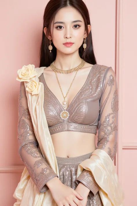 Young, South Asian woman, likely in her late s or early twenties, wearing a traditional Indian bridal lehenga.  Elegant, taupe-colored lehenga with intricate embroidered floral patterns and sequins.  The blouse is a deep taupe,  featuring a plunging v-neck...