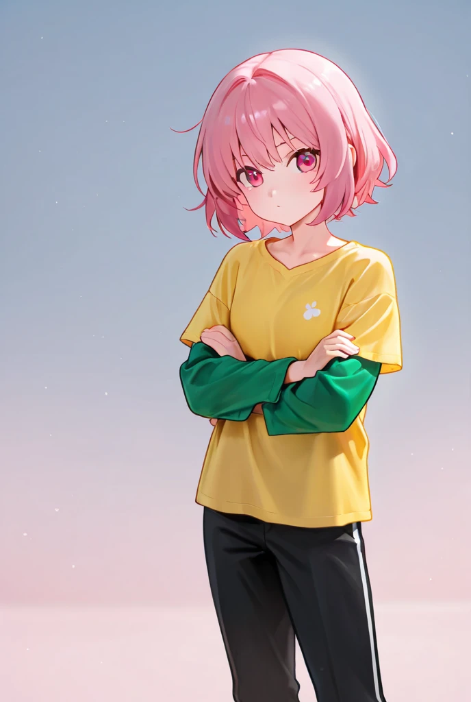 man,  pink hair ,  pink eyes, green sleeves, yellow shirt ,  black pants