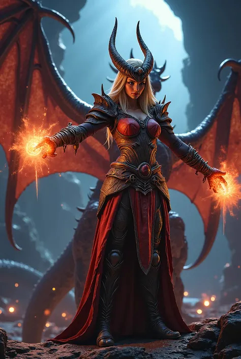 A real life, portrait, highly detailed, of a real life character from world of Warcraft, Close-up portrait of Sylvanas Windrunner with her arms out stretched, casting a spell, Mystical, setting low light, she’s in a large cave with a dragon behind her