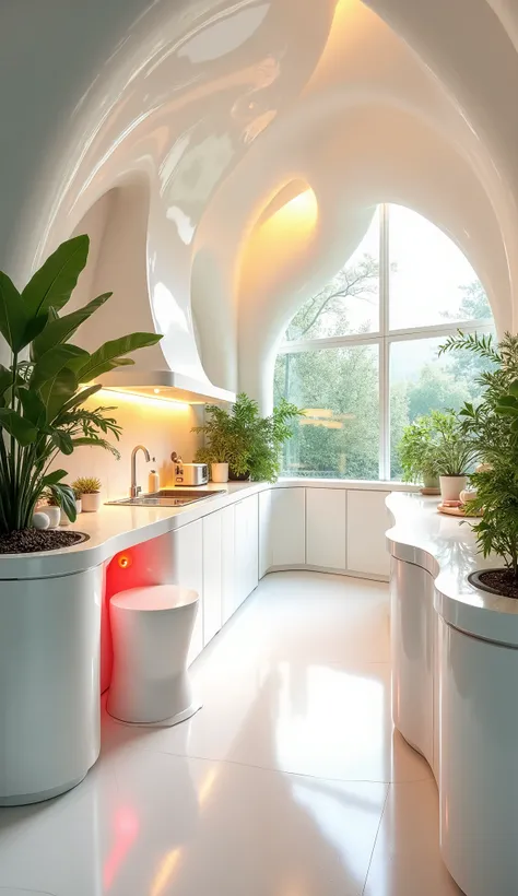 Wide open curved counters kitchen glossy white unique abstract curve cabinets and white stools bright red and yellow lights dream with  plants and a big window 