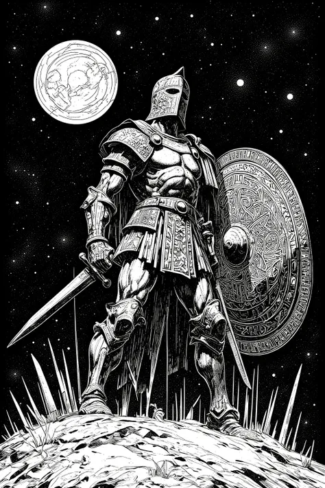  Ancient Roman Gladiators,Amphitheatre,Colosseum,Sword and round shield ,Knight Pocket, Screenprint , mixed style , white ink sketch on black paper,  graphic details ,  Indigenous Carvings , 高コントラストのWoodblock print, black and white sculpture ,  Delicate in...