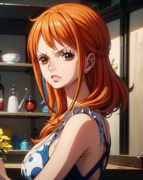 (最高masterpiece,  best quality, 4K, 8k,  high resolution,masterpiece:1.2), Nami in One Piece,Florist,clerk