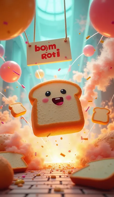 Create floating in the air of “BOM ROTI” Full Complete text, funny font type, Exploding white bread inside futuristic bread store, with text "BOM ROTI" written on a paper at the top of it, create colorful smoke bomb, create floating balloons with gradient ...