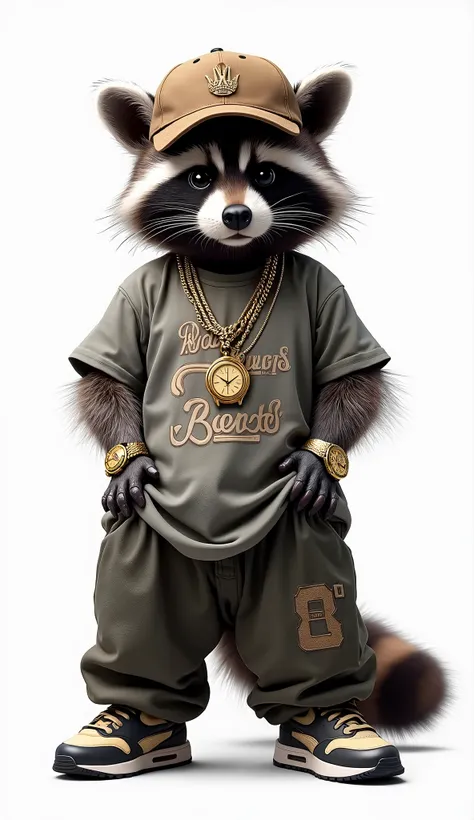  A realistic raccoon,  standing on its hind legs  ,  facing forward, she;  wears a baseball cap, gold chains, Rolex wristwatch , big gold ring ,  large basketball t-shirt with hip-hop logo.  wear cool baggy pants . 、  I'm wearing Nike Air Max 90 . Has soft...