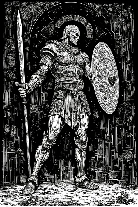  Ancient Roman Mad Gladiators,Amphitheatre,Colosseum,Sword and round shield ,Knight Pocket, Screenprint , mixed style , white ink sketch on black paper,  graphic details ,  Indigenous Carvings , 高コントラストのWoodblock print, black and white sculpture ,  Delicat...