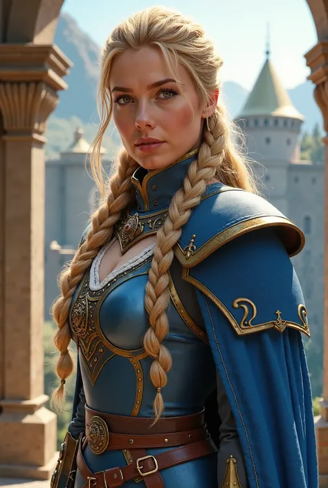 Highly detailed real life, portrait of lady Jaina Proudmoore From World of Warcraft, she is wearing her classic blue and white armor, long blonde, single braided hair standing near the wall of her castle. The sun is shining down upon her. She is looking to...