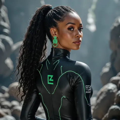 score_9, score_8_up, score_7_up, realistic, 1girl, solo, long hair, black hair, ponytail, cowboy shot, earrings, black bodysuit, green glowing, zipper, PLANET DIVING SUIT 2ND
