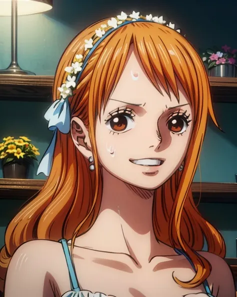 (最高masterpiece,  best quality, 4K, 8k,  high resolution,masterpiece:1.2), Nami in One Piece,smile,Florist,clerk,Flower care