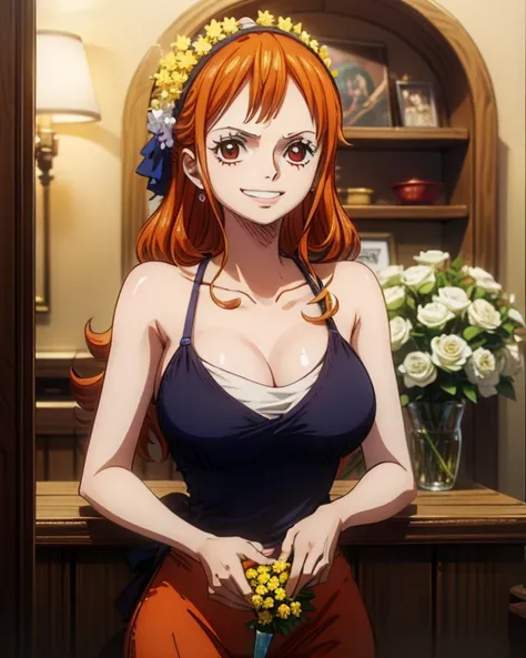 (最高masterpiece,  best quality, 4K, 8k,  high resolution,masterpiece:1.2), Nami in One Piece,smile,Florist,clerk,Flower care