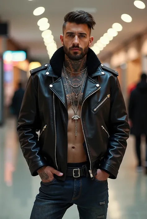 arafed man in a black leather jacket and jeans standing in a mall, a tattoo by Ludovit Fulla, trending on pixels, hyperrealism, wearing a leather jacket, wearing leather jacket, dressed in biker leather, a man wearing a black jacket, wearing a black leathe...