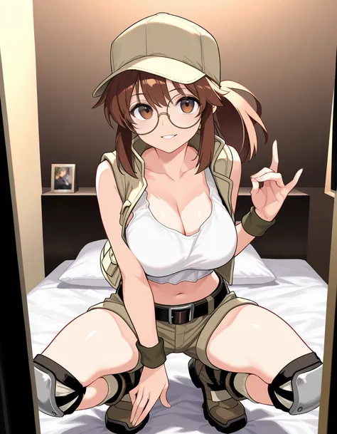 (​masterpiece, top-quality, hight resolution, Unity 8k, extremely details CG:1,Best Picture), Fio Germi-Metal Slug, baseball cap,brown headwear, beige hat, long hair, brown hair, ponytail, sidelocks, brown eyes, bangs, round eyewear, collarbone, cleavage, ...