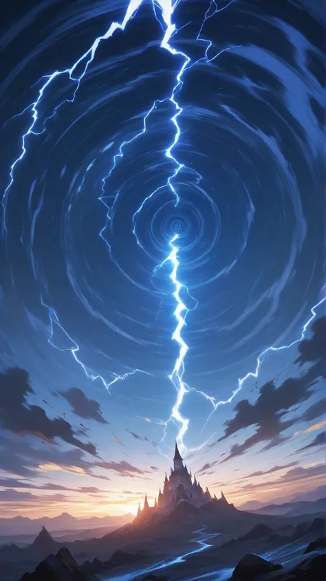 Sky castle breaking down, spiral sea below, thunder storm above, howling winds, action shot, no person