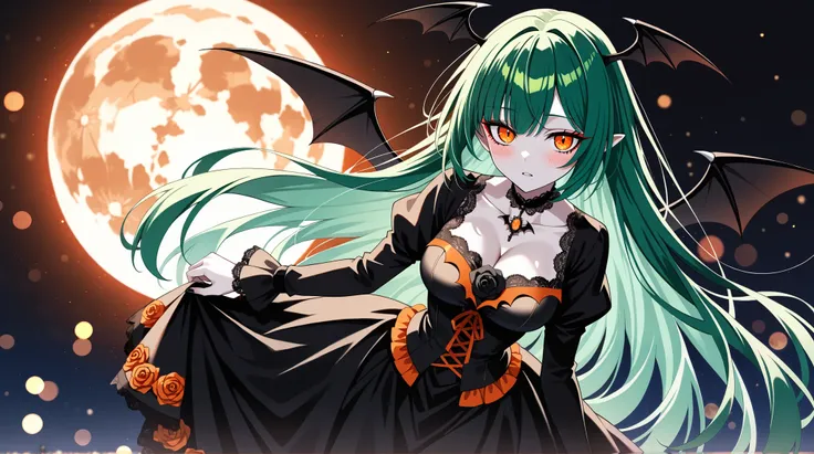 Vampire girl, very long green hair, orange eyes, crystals, bokeh, (gothic style lace black dress with ornate orange details:1.2), cleavage, small waist, collarbone, parted dark lips, black winged eye-liner, blush, shiny pale skin, night, reflection, full m...