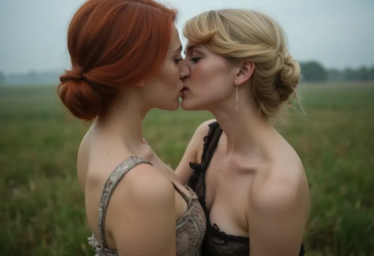 Women from the 1800s kissing each other seen from above,  a girl whispering to a girl,  ear seen from behind , From the south ,  red and blonde hair  , traits du visage nets, ((( gigantic breasts:1.3))), Impressive neckline,  crop top , bokeh, ethereal, da...