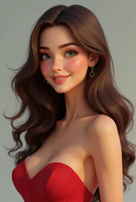 Create a hyper-realistic 3D digital model of a stunning young woman in her mid-20s. She has long, wavy chestnut brown hair that cascades down her back, piercing green eyes, and a radiant smile. Her skin is smooth and glowing with a natural, sun-kissed tan....