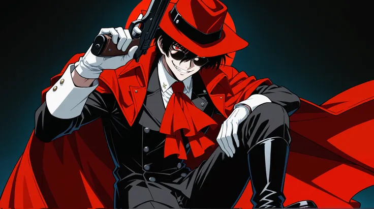 masterpiece, best quality, 8k, high resolution, 1boy, male, Alucard Hellsing, short jet-black hair, red eyes, bangs between eyes, red Victorian style frock coat, red cape draped over shoulder, red fedora hat, red cravat shirt,black suit, leather riding b...