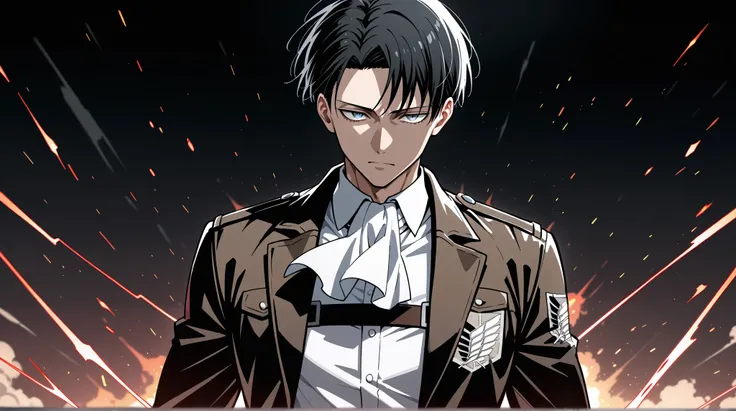 masterpiece, best quality, 8k, high resolution, 1boy, male, Levi Ackerman Attack on Titan, short black hair, blue-gray eyes, sultry stare, black uniform, white ascot, light gray un-buttoned shirt. dynamic sexy pose, lean muscular body, ultra-detailed, in...