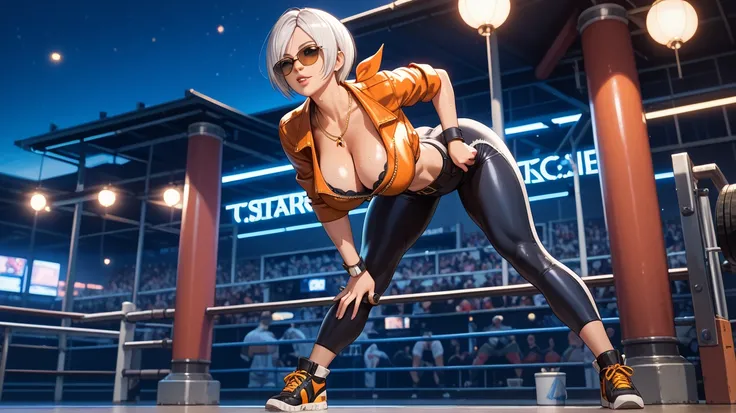    Sexy Angel from the King of Fighters , UHD,  big breasted, wearing a top of ll , very tight black leggings , Bandana,  sunglasses, gold necklace,  well-defined body ,  short hair,  white hair,  legs spread, in a ,quadrangle,  at night, pose sexy, sweati...