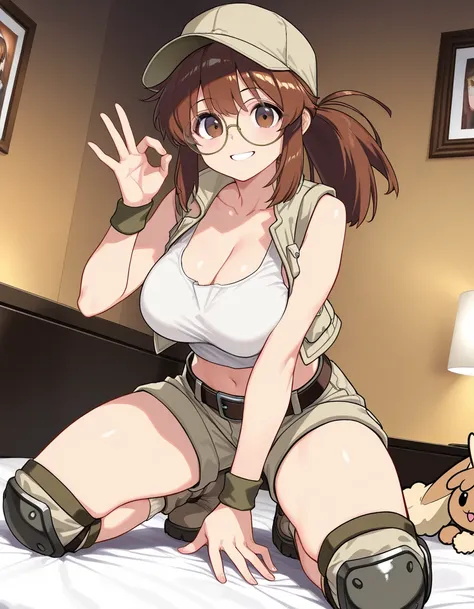 (​masterpiece, top-quality, hight resolution, Unity 8k, extremely details CG:1,Best Picture), Fio Germi-Metal Slug, baseball cap,brown headwear, beige hat, long hair, brown hair, ponytail, sidelocks, brown eyes, bangs, round eyewear, collarbone, cleavage, ...